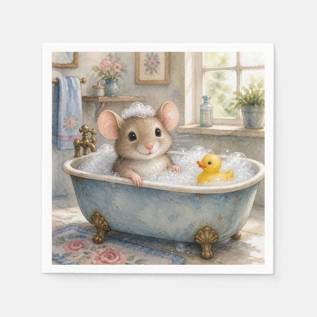 Mouse in Bubble Bath with Yellow Ducky Napkin (Front)