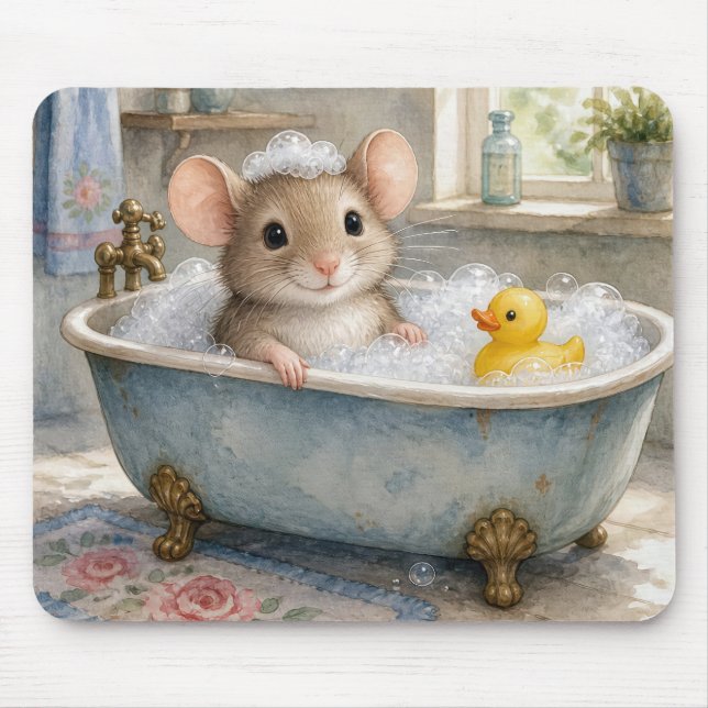 Mouse in Bubble Bath with Yellow Ducky Pad (Front)