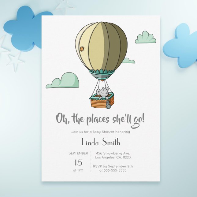 Mouse in Hot Air Balloon Neutral Baby Shower Invitation (Hot air balloon with mouse baby shower invitation)
