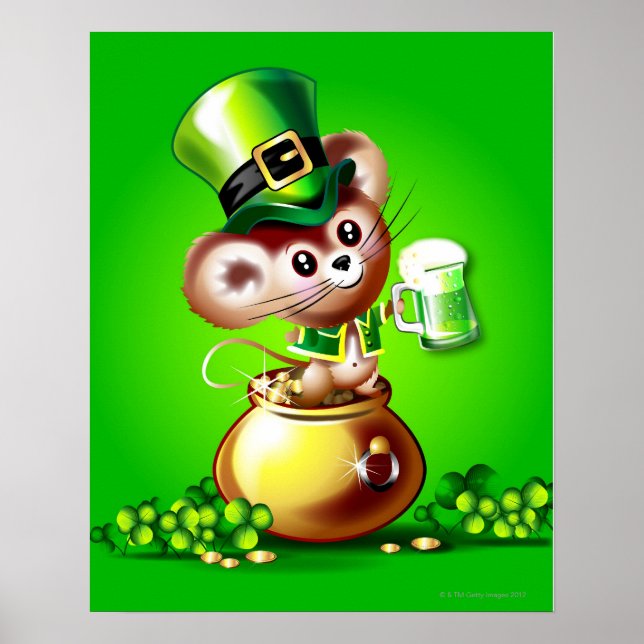 Mouse in pot of gold holding pint of green beer poster (Front)