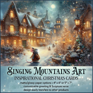 Mouse In Rustic Winter Village Christian Christmas Holiday Card