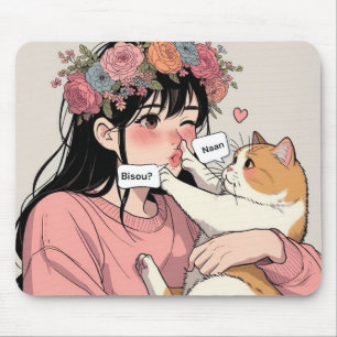 Mouse mat the young woman and her grumpy cat