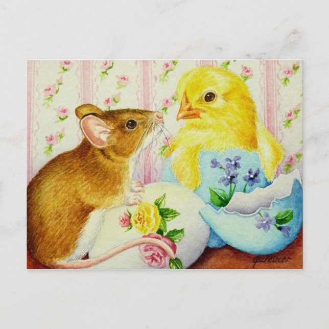 Mouse Meets Baby Chick Easter Watercolor Art Postcard (Front)