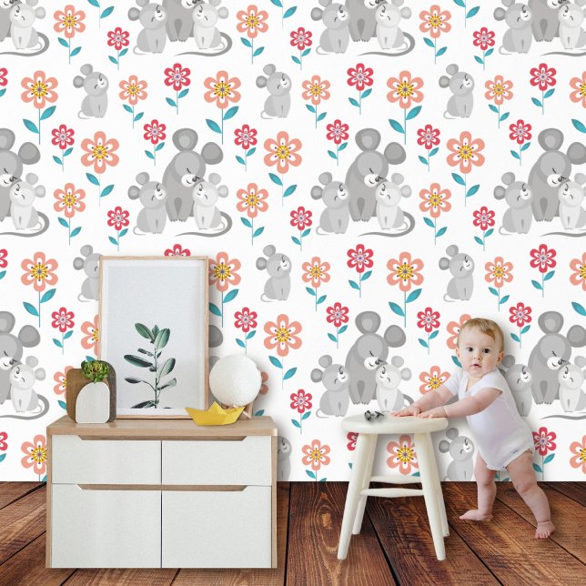 Mouse mother, babies and flowers pattern wallpaper (Creator Uploaded)