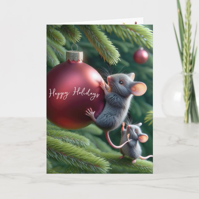 Mouse On a Red Christmas Ornament Holiday Card (Front)