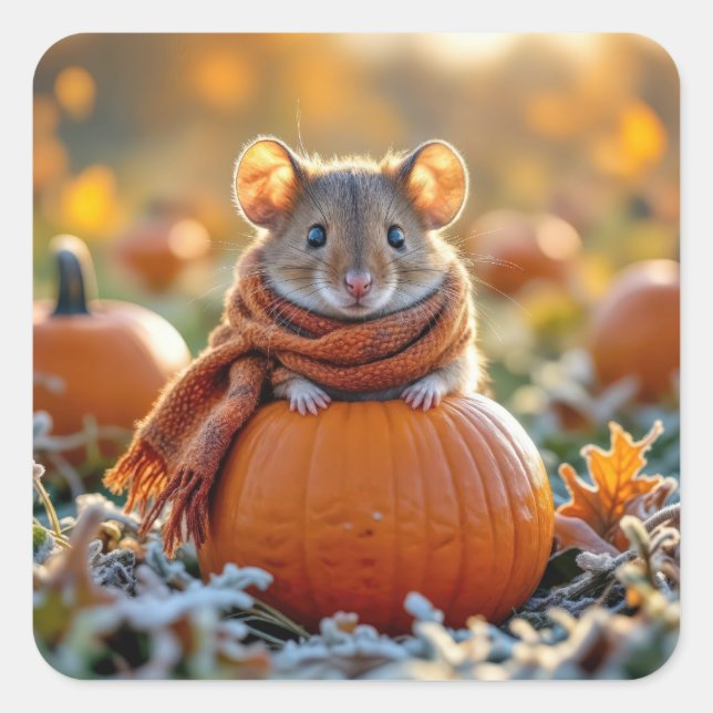Mouse On an Autumn Pumpkin Square Sticker (Front)