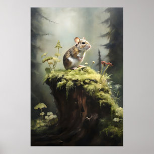 Mouse on stump in forest wall print, dark academia poster