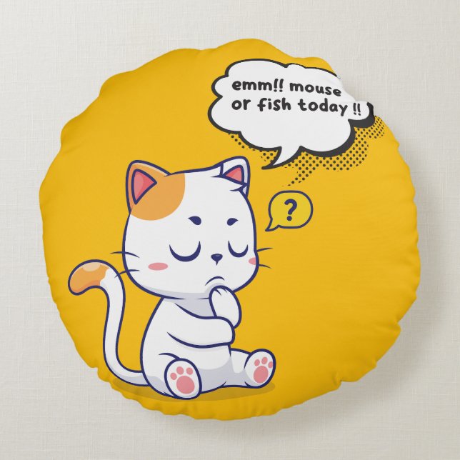 Mouse or Fish? – funny pet- Deep Thinking Cat Round Cushion (Back)