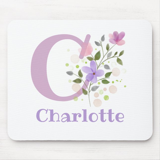 Mouse Pad Initial Plus Name & Flowers Design (Front)