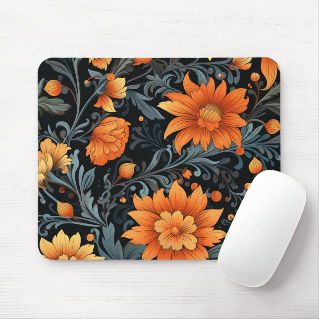 Mouse pad with orange flowers and blue-green  (With Mouse)