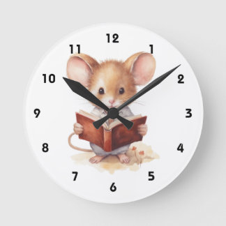 Mouse reading book whimsical cute round clock