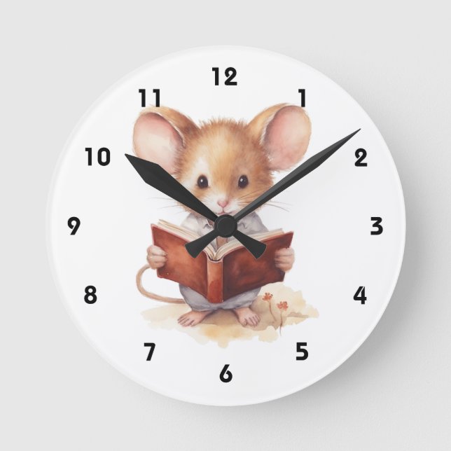 Mouse reading book whimsical cute round clock (Front)