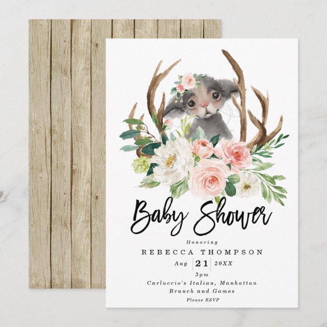 mouse rustic floral modern baby shower invitation (Front/Back)