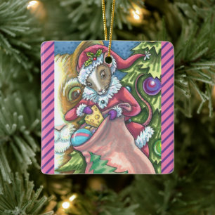 MOUSE SANTA BRINGS GOOD CATS CHRISTMAS GIFTS, Cute Ceramic Ornament