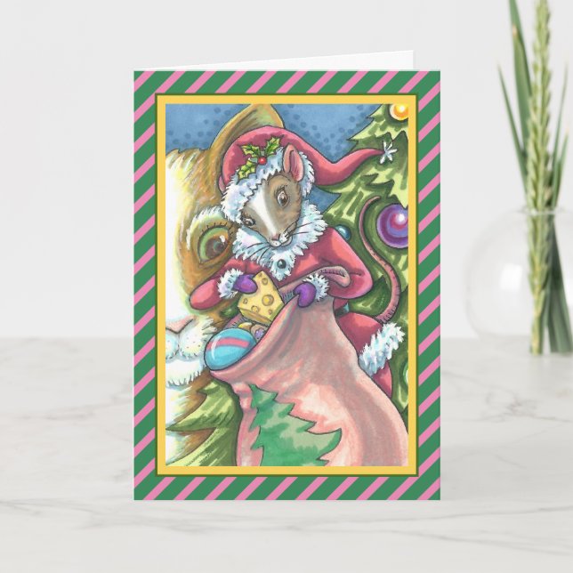 MOUSE SANTA BRINGS GOOD CATS CHRISTMAS GIFTS, Cute Holiday Card (Front)