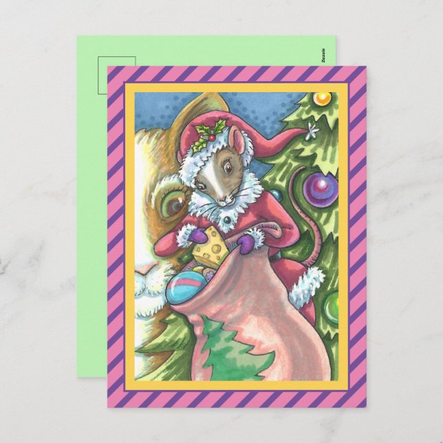 MOUSE SANTA BRINGS GOOD CATS CHRISTMAS GIFTS, Cute Holiday Postcard (Front/Back)