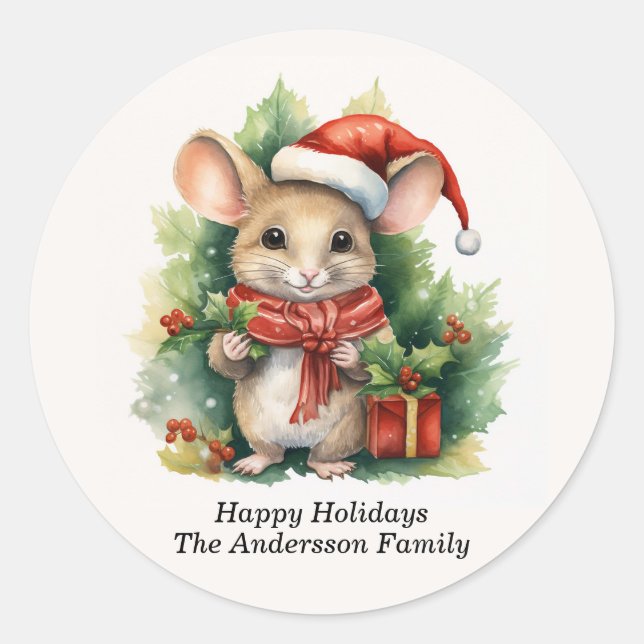 Mouse Santa Hat Happy Holidays Name Classic Round Sticker (Front)