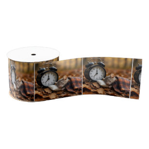 Mouse Sleeping By an Alarm Clock Grosgrain Ribbon