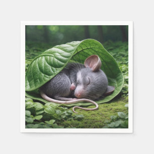 Mouse Sleeping In a Green Leaf Napkin