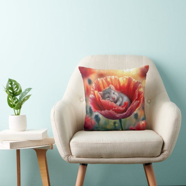 Mouse Sleeping In a Red Poppy Flower Cushion (Chair)