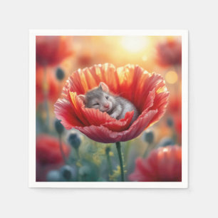 Mouse Sleeping In a Red Poppy Flower Napkin