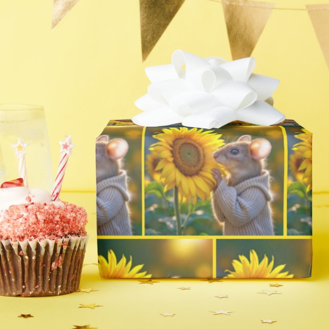 Mouse Smelling an Autumn Sunflower Wrapping Paper (Birthday Party)