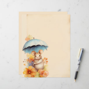 Mouse stained paper blue umbrella orange flowers