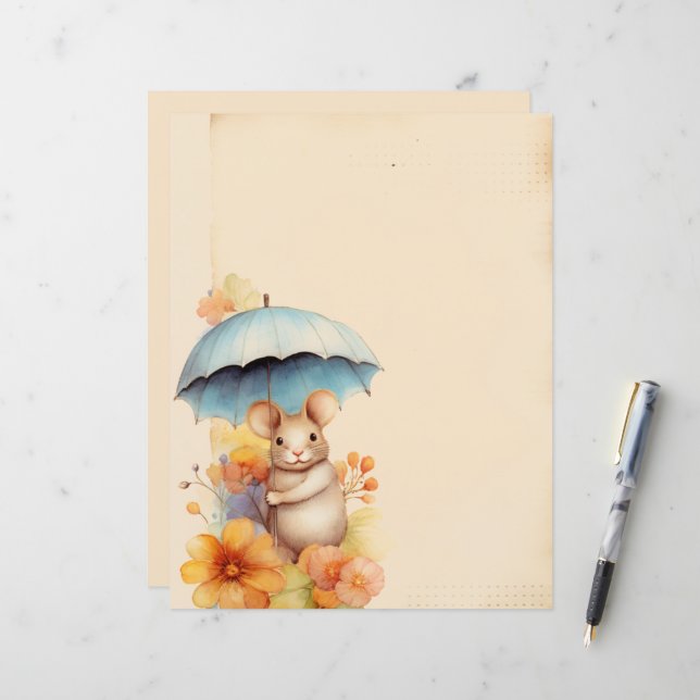 Mouse stained paper blue umbrella orange flowers (Front/Back In Situ)