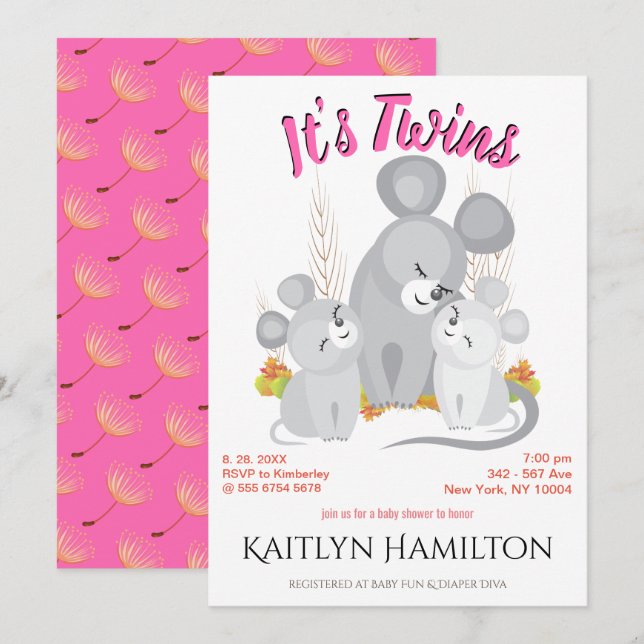 Mouse Twins Girl Mother Baby Shower Woodland Mouse Invitation (Front/Back)