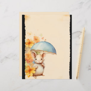 Mouse Umbrella orange flowers vintage brown paper