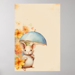 Mouse Umbrella orange flowers vintage brown paper Poster