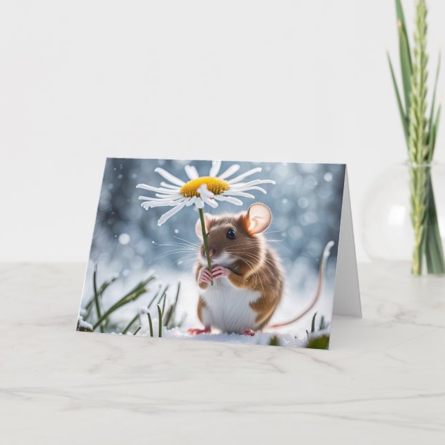 Mouse Under a White Daisy In Snow Card (Front)