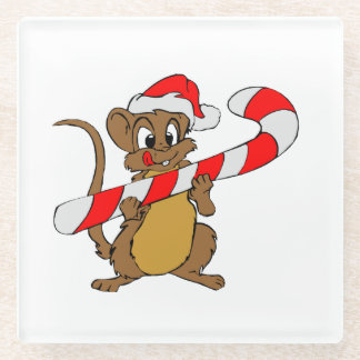 Mouse with a Christmas candy cane Glass Coaster