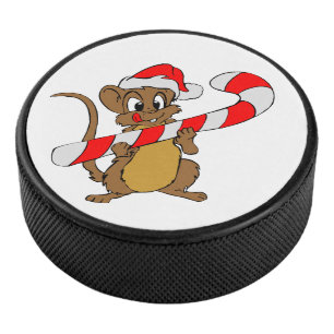 Mouse with a Christmas candy cane Hockey Puck