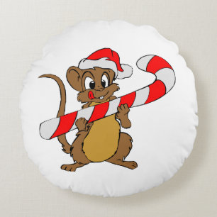 Mouse with a Christmas candy cane Round Cushion