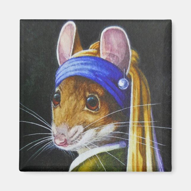 Mouse with a Pearl Earring Parody Watercolor Art Magnet (Front)