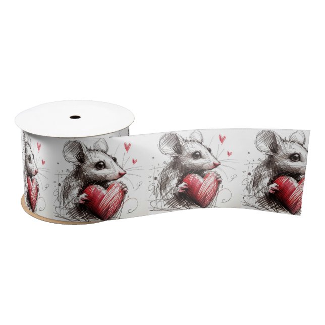 Mouse With a Red Heart Sketch Satin Ribbon (Spool)