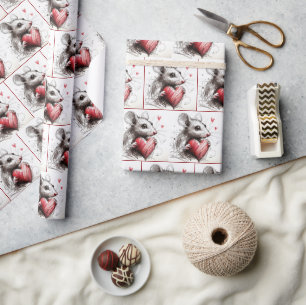 Mouse With a Red Heart Sketch Wrapping Paper