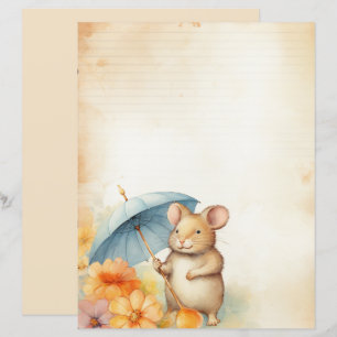 Mouse with blue umbrella orange pink flowers paper