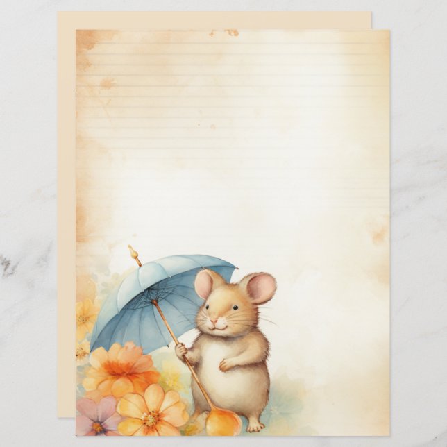 Mouse with blue umbrella orange pink flowers paper (Front/Back)