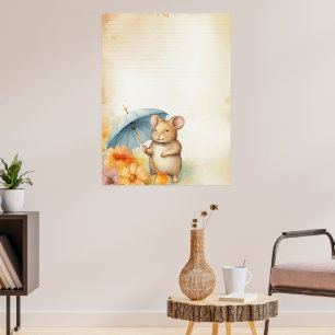Mouse with blue umbrella orange pink flowers paper poster