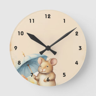Mouse with blue umbrella orange pink flowers paper round clock