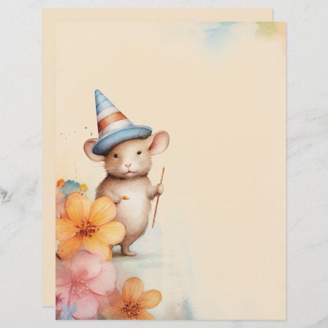 Mouse with hat orange pink flowers old paper blue (Front/Back)