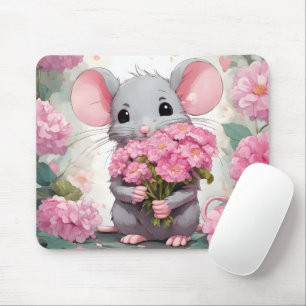 Mouse With Pink Flower Bouquet Pad