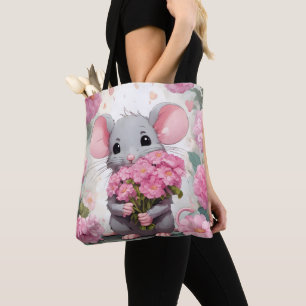 Mouse With Pink Flower Bouquet Tote Bag
