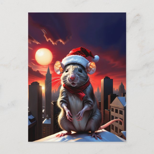 mouse with santa hat high on the roof at evening postcard (Front)