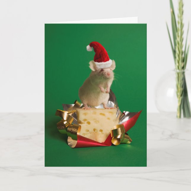 Mouse with Santa's hat with cheese Holiday Card (Front)