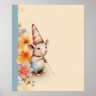 Mouse with striped hat orange pink flowers poster