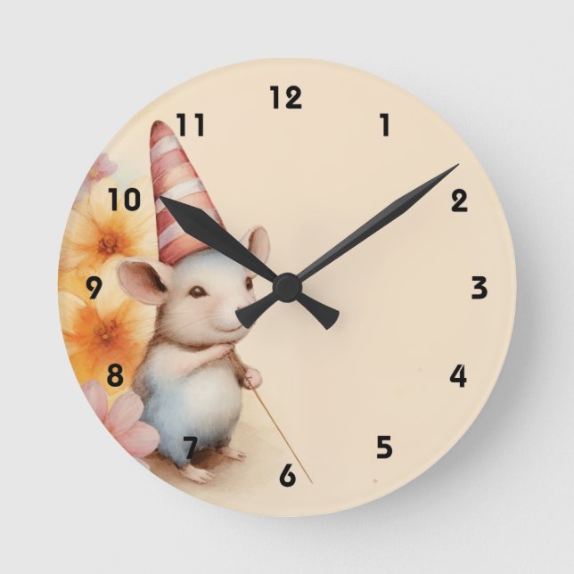 Mouse with striped hat orange pink flowers round clock (Front)