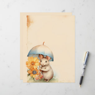 Mouse with umbrella and orange flowers on brown